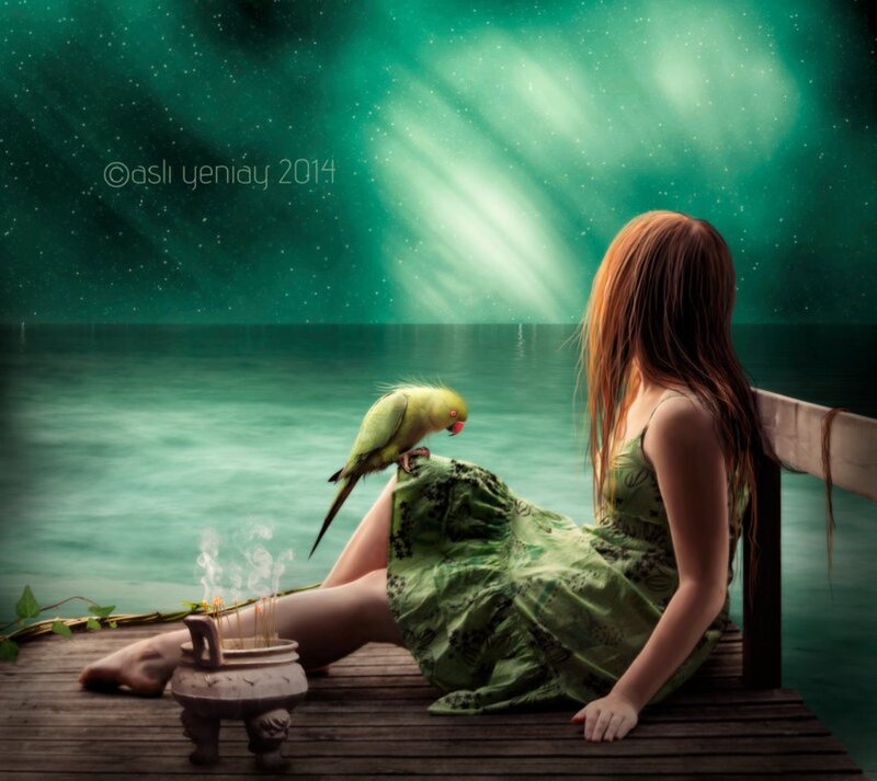 Woman with Parrot on Dock
