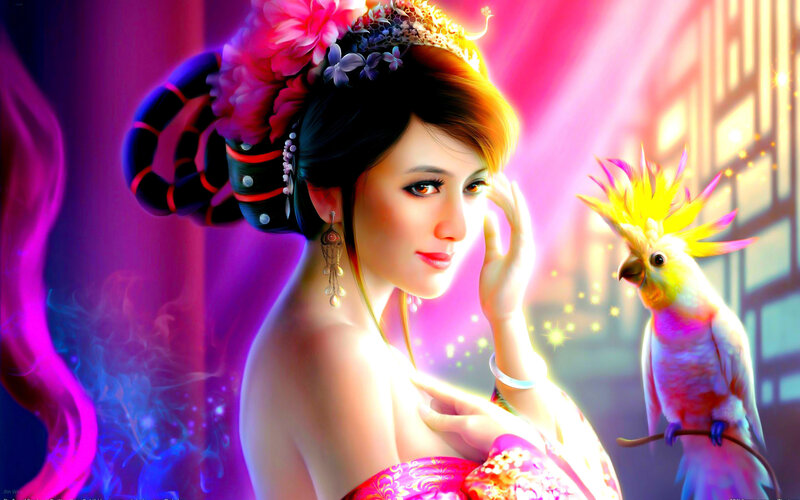 Woman with Parrot — Pink, Dramatic