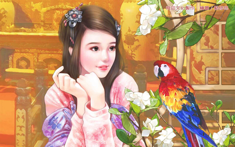 Woman with Parrot — Pink, Serene, Digital Art, Flower
