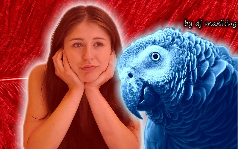 Woman with Parrot — Red, Dramatic, Digital Art