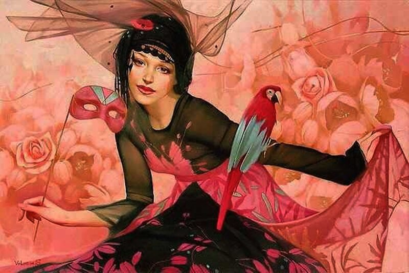 Woman with Parrot — Red, Dramatic, Illustration