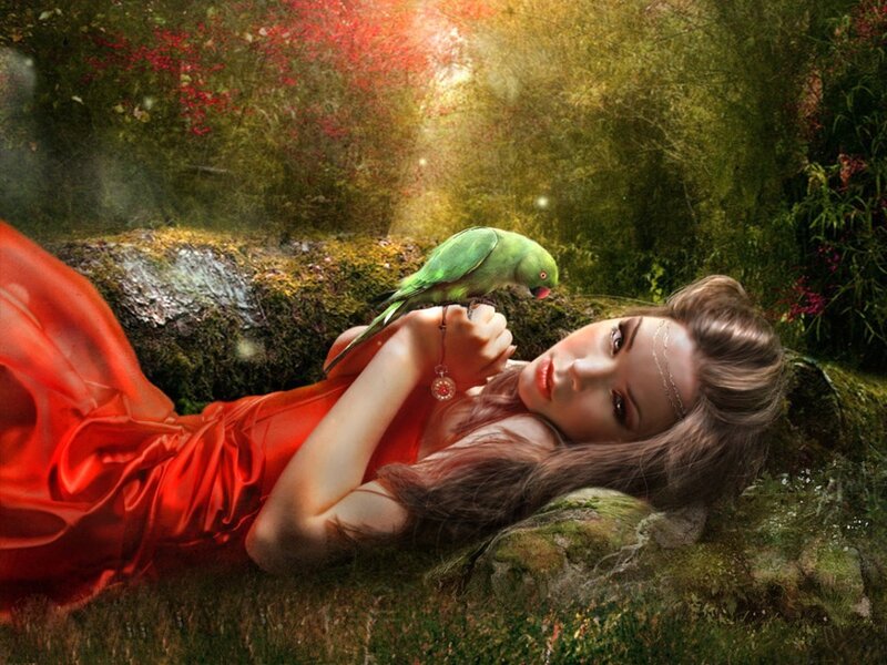 Woman with Parrot — Red, Serene