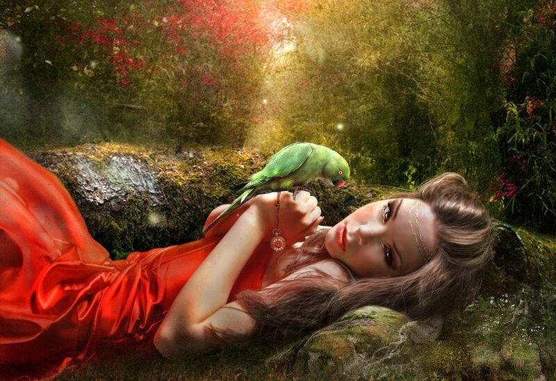 Woman with Parrot — Red