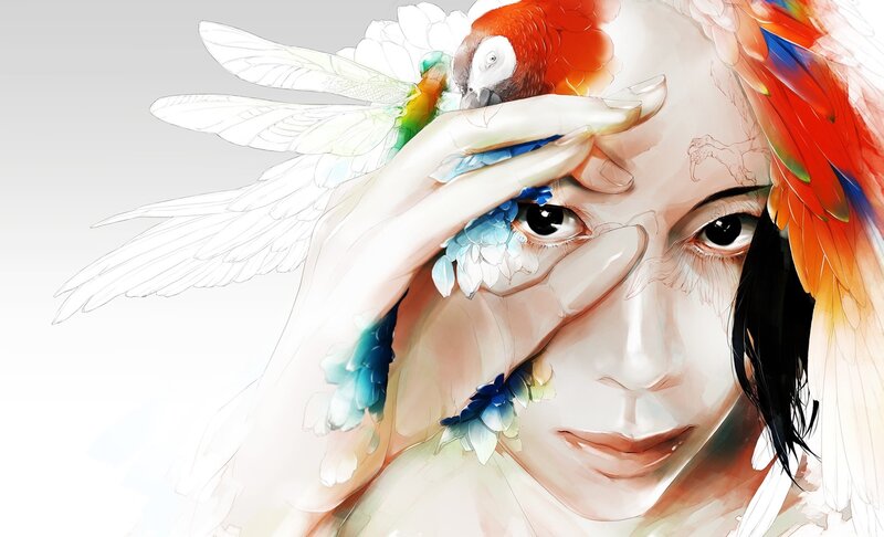 Woman with Parrot — White, Serene, Digital Art