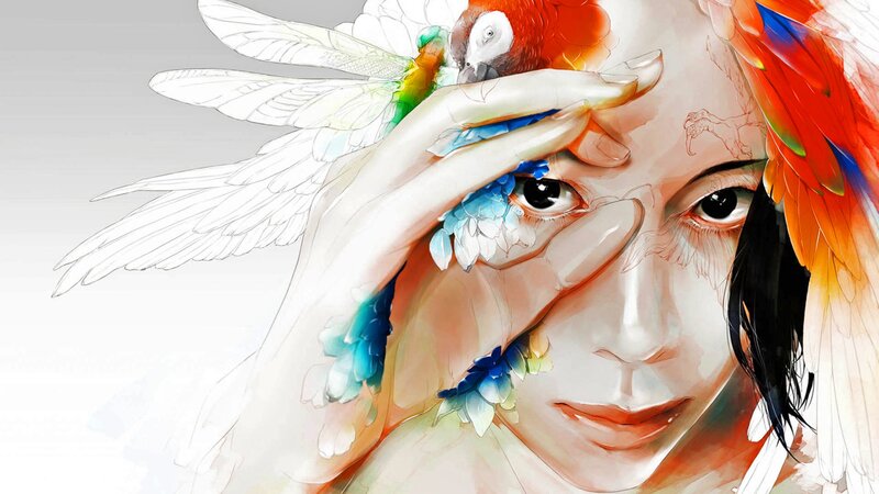Woman with Parrot — White, Serene