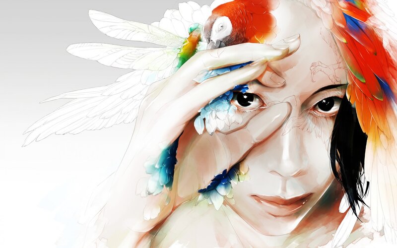 Woman with Parrot — White