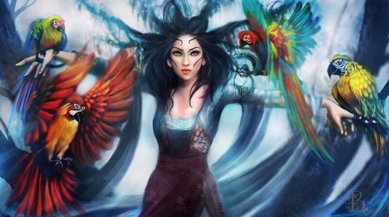 Woman with Parrots — Blue, Dramatic
