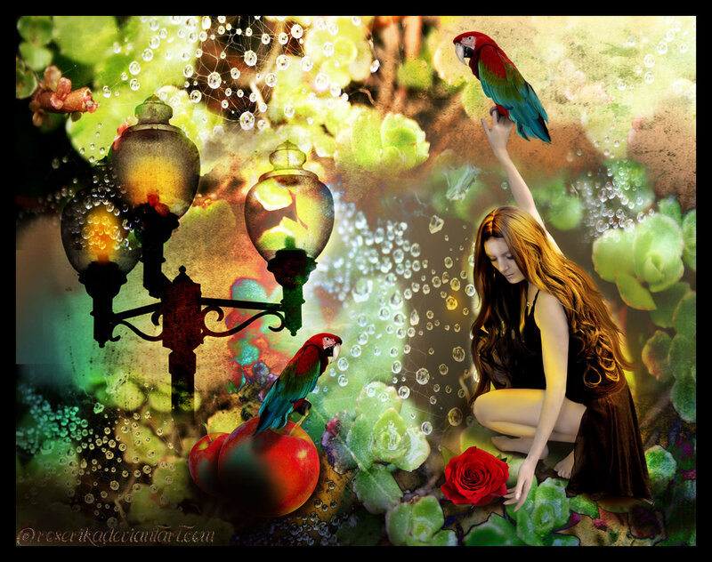 Woman with Parrots — Green, Dreamy