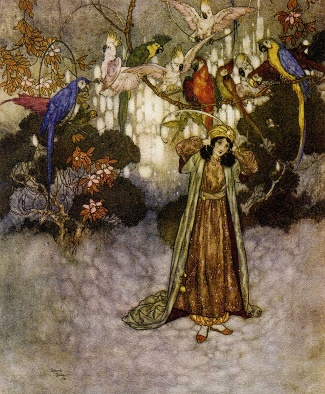 Woman with parrots in garden