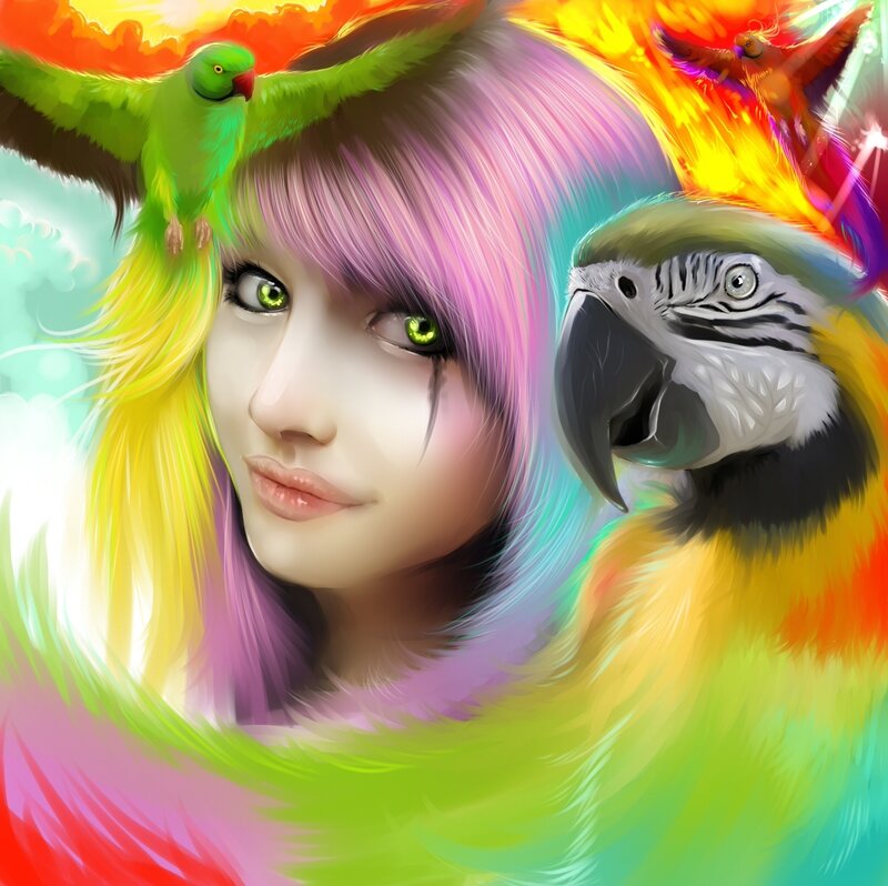 Woman with Parrots
