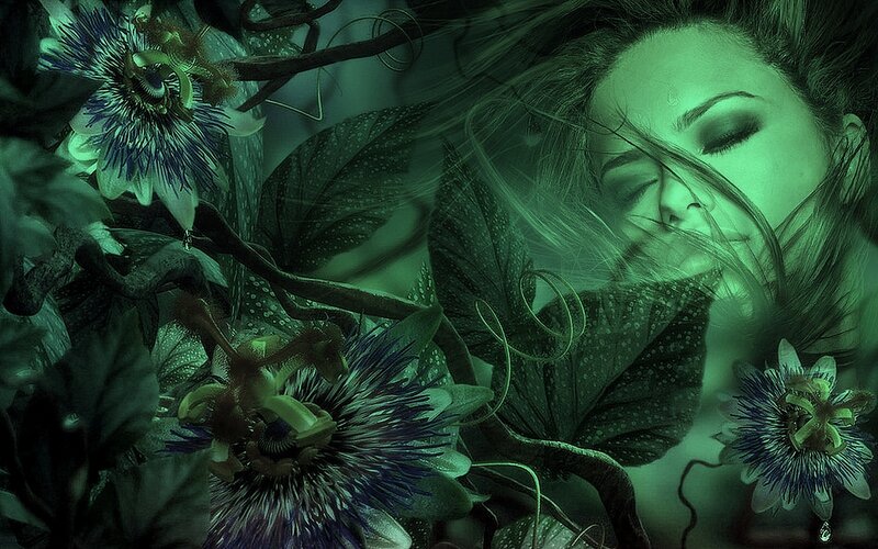 woman with passion flowers