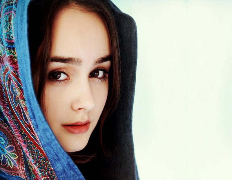 Woman with Patterned Scarf — Blue