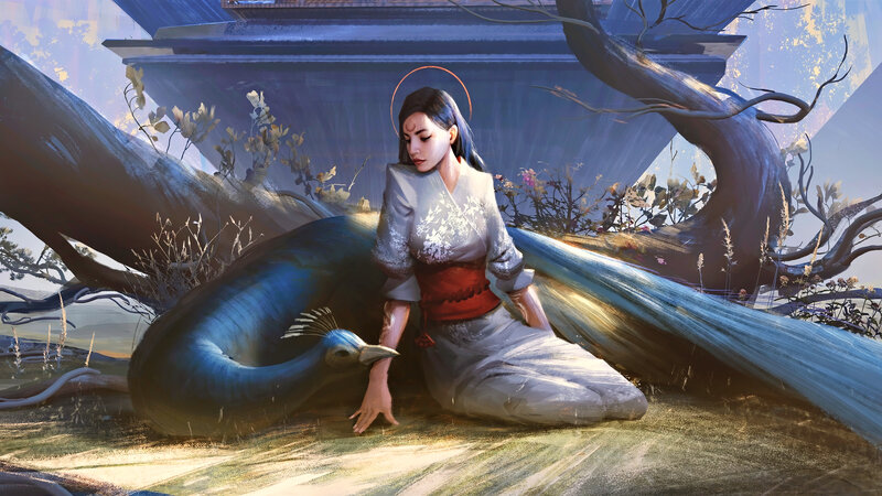 Woman with Peacock — Blue, Serene, Afternoon