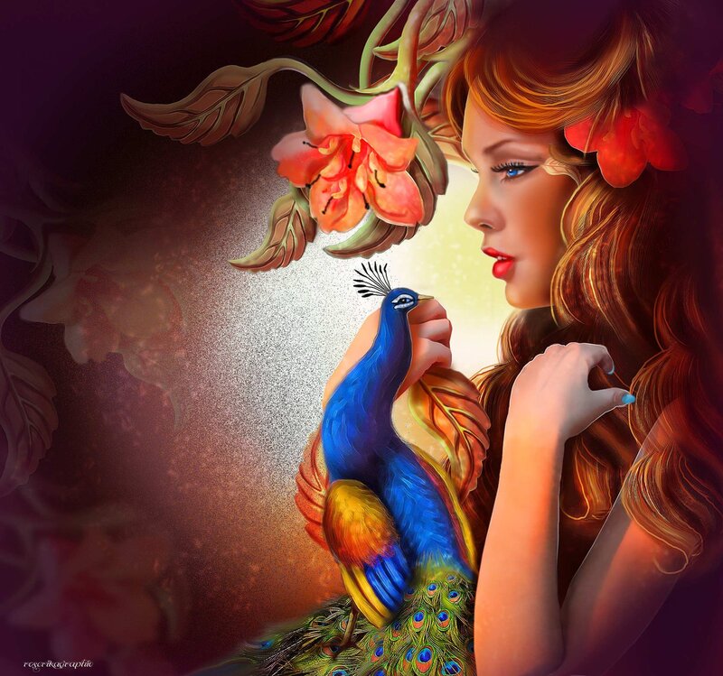 Woman with Peacock — Blue, Serene, Digital Art