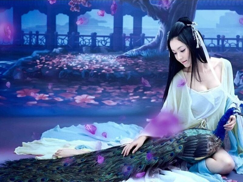 Woman with Peacock — Blue, Serene, Night