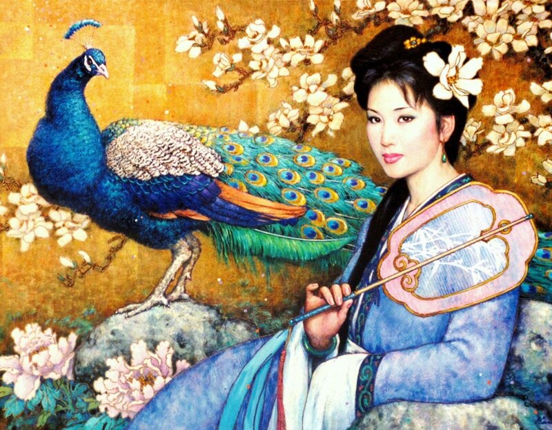 Woman with Peacock — Blue, Serene, Spring