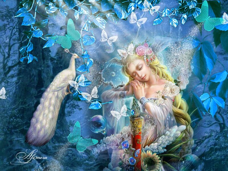 Woman with Peacock — Blue, Serene