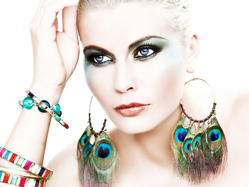 Woman with Peacock Feather Earrings — White