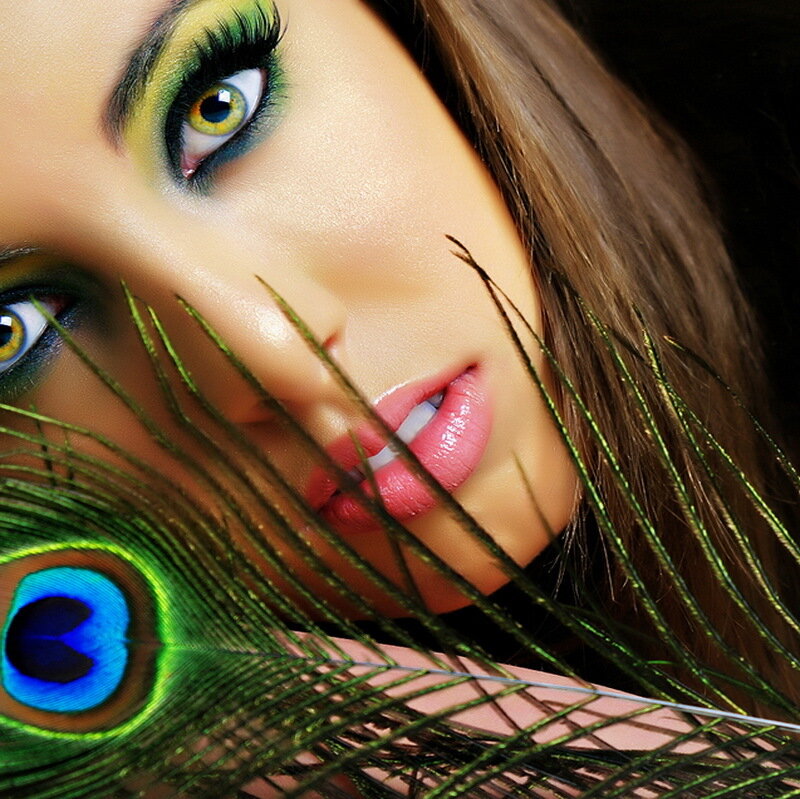 Woman with Peacock Feather — Green, Dramatic