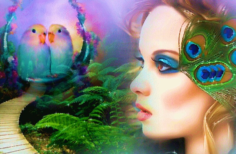 Woman with Peacock Feather — Green, Dreamy