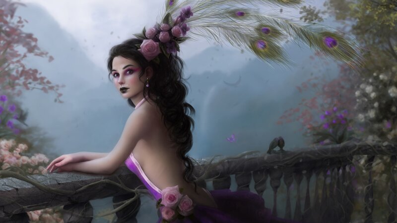 woman with peacock feathers