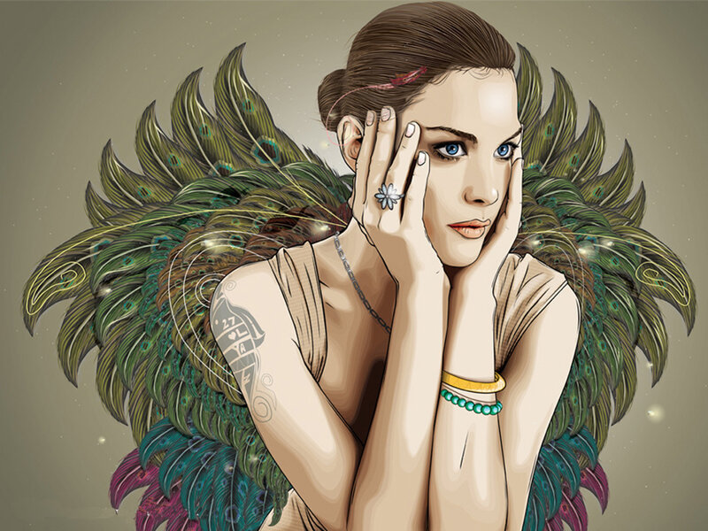 woman with peacock feathers