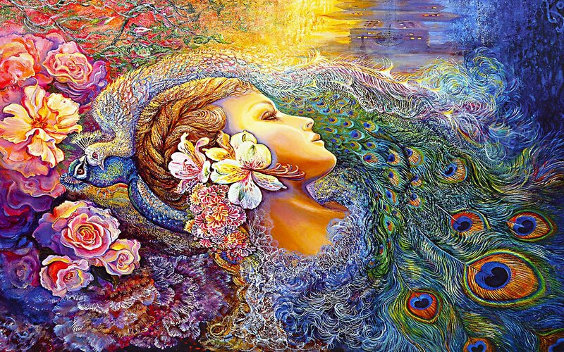 woman with peacock feathers