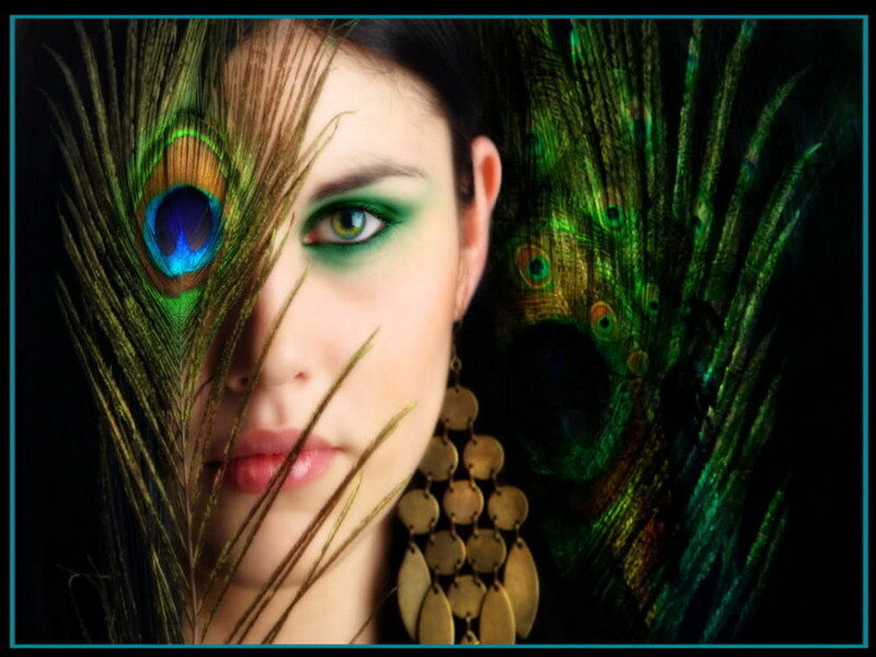 woman with peacock feathers
