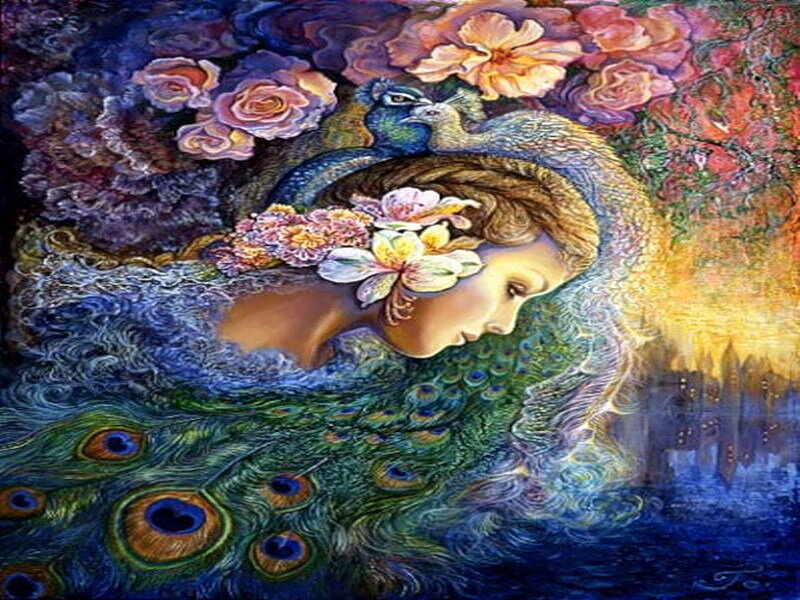 woman with peacock feathers