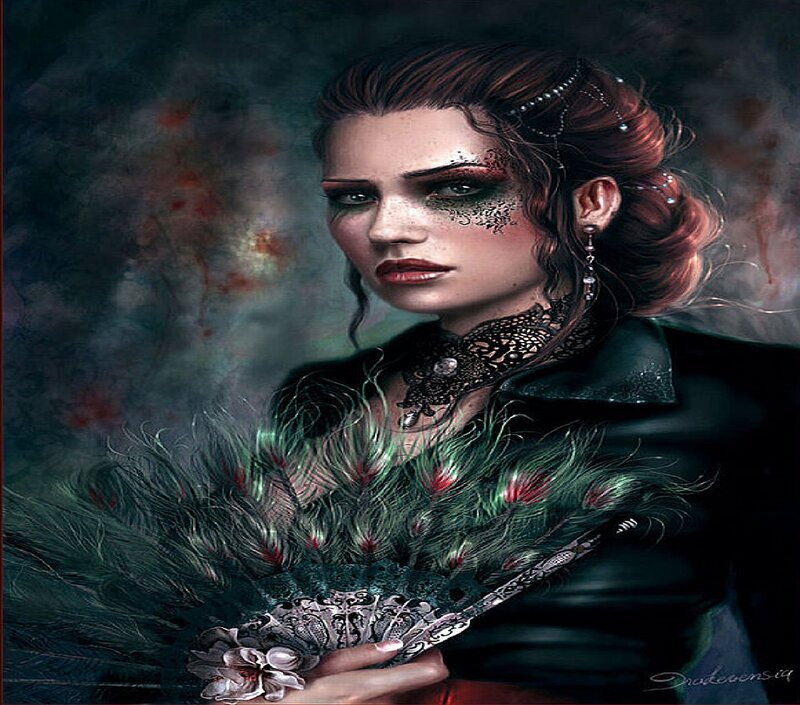 Woman with Peacock Feathers — Black, Dramatic, Digital Art
