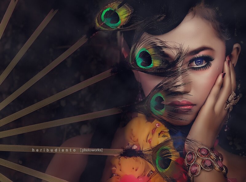 Woman with Peacock Feathers — Black, Dramatic, Photograph, Peacock Feathers, Fan