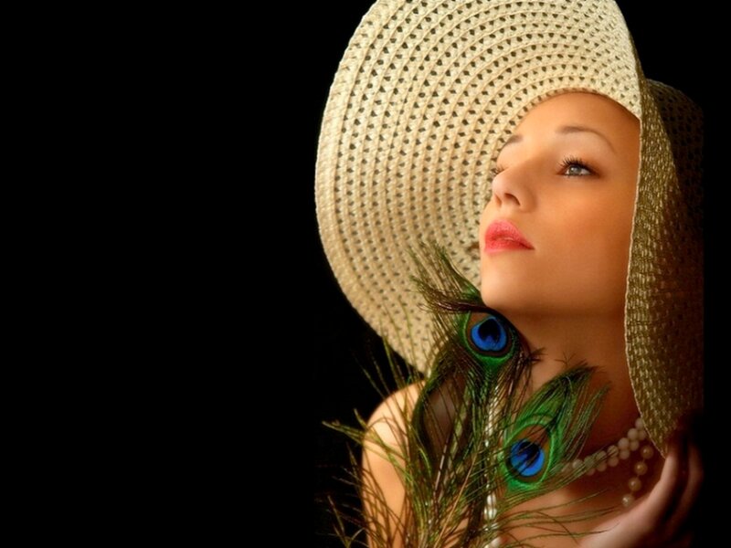 Woman with Peacock Feathers — Black, Dramatic, Photograph, Straw Hat