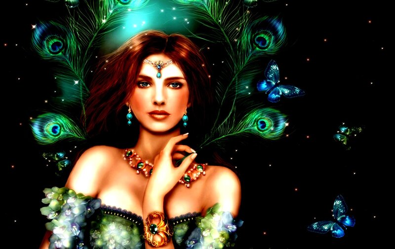 Woman with Peacock Feathers — Black, Fantasy