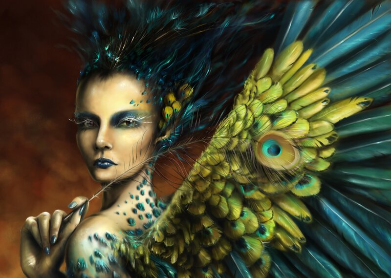 Woman with Peacock Feathers — Blue, Dramatic, Digital Art, Makeup, Wings