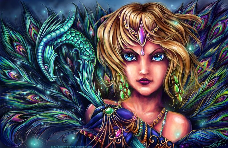 Woman with Peacock Feathers — Blue, Dramatic, Night, Digital Art, Dragon