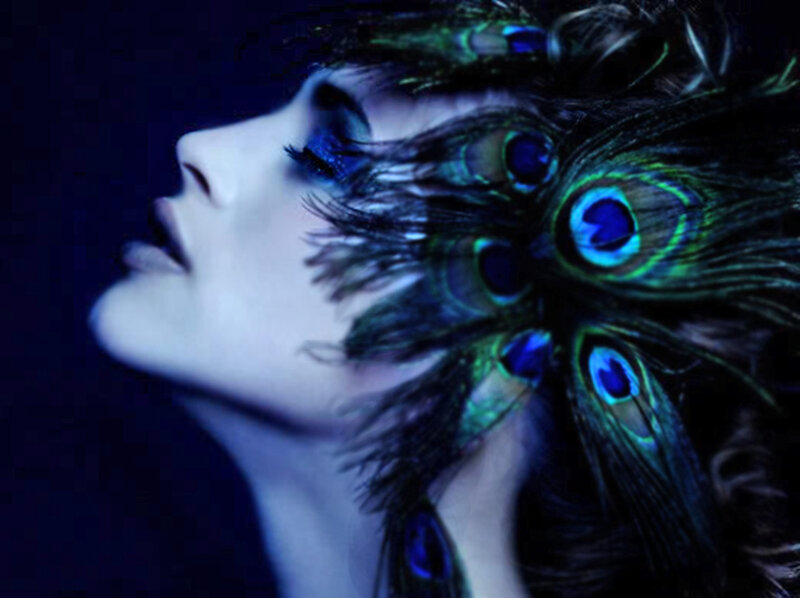 Woman with Peacock Feathers — Blue, Dramatic, Night