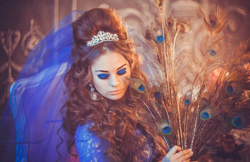 Woman with Peacock Feathers — Blue, Dramatic, Photograph, Peacock Feathers, Veil