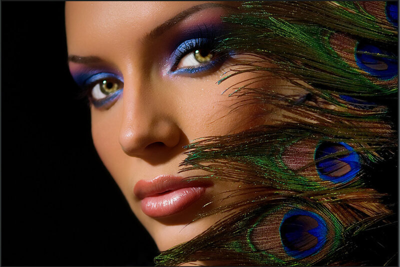 Woman with Peacock Feathers — Blue, Dramatic, Photograph