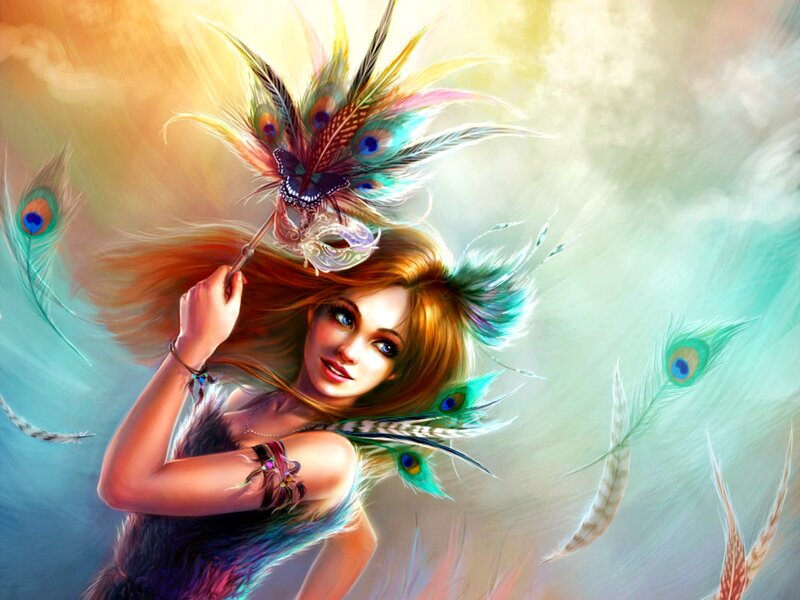 Woman with Peacock Feathers — Blue, Dreamy, Digital Art, Mask