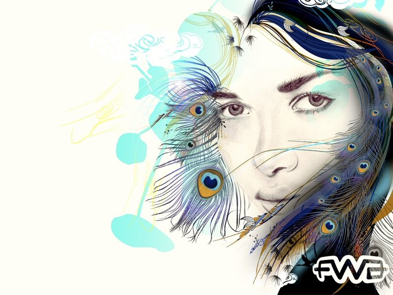 Woman with Peacock Feathers — Blue, Dreamy, Digital Art, Peacock Feathers, Face