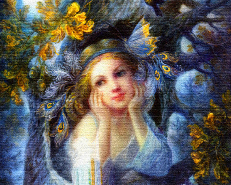 Woman with Peacock Feathers — Blue, Dreamy, Painting