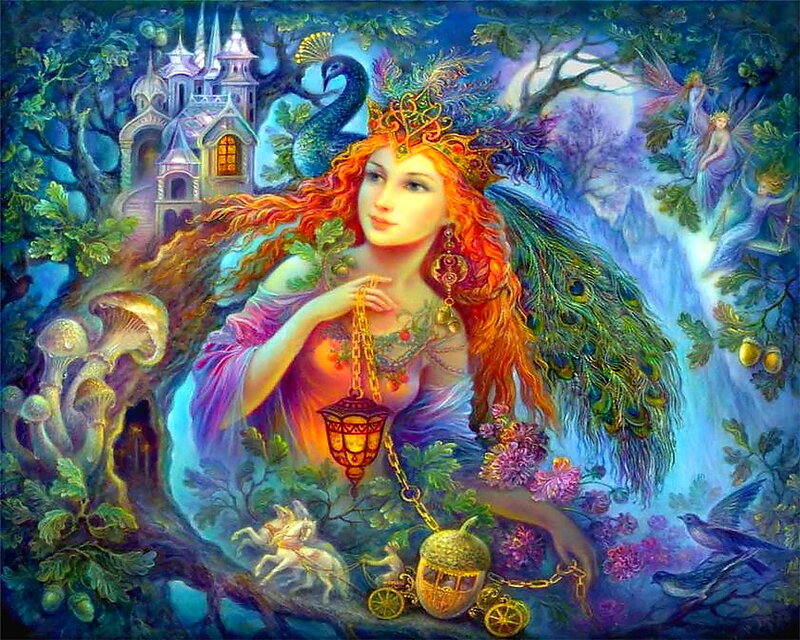 Woman with Peacock Feathers — Blue, Fantastical