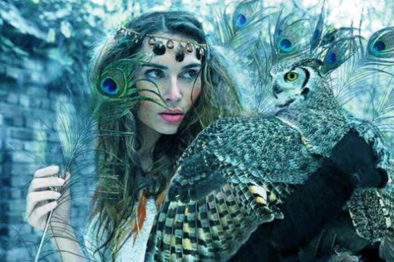 Woman with Peacock Feathers — Blue, Mystical