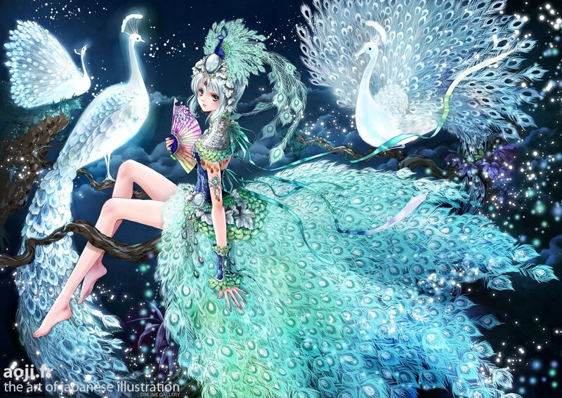 Woman with Peacock Feathers — Blue, Serene
