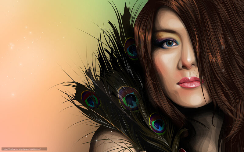 Woman with Peacock Feathers — Brown, Dramatic, Digital Art