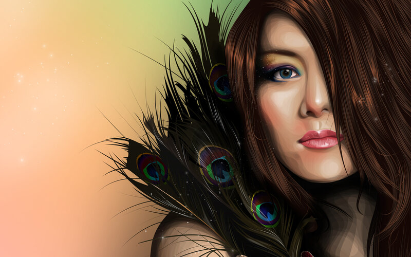 Woman with Peacock Feathers — Brown, Dramatic