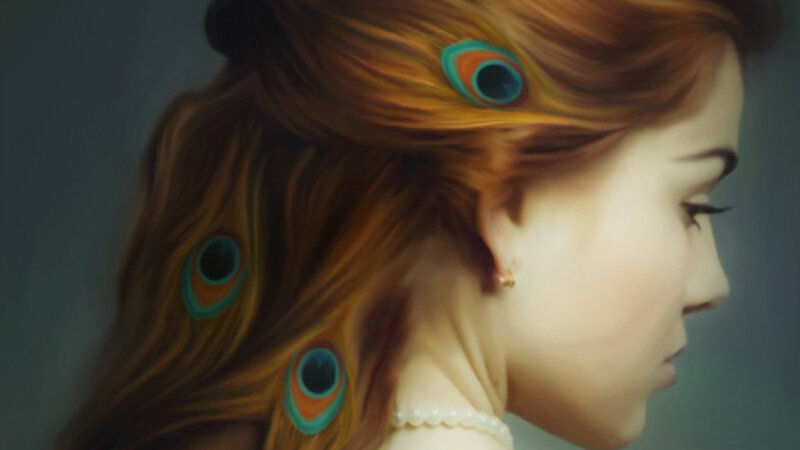 Woman with Peacock Feathers — Brown, Serene