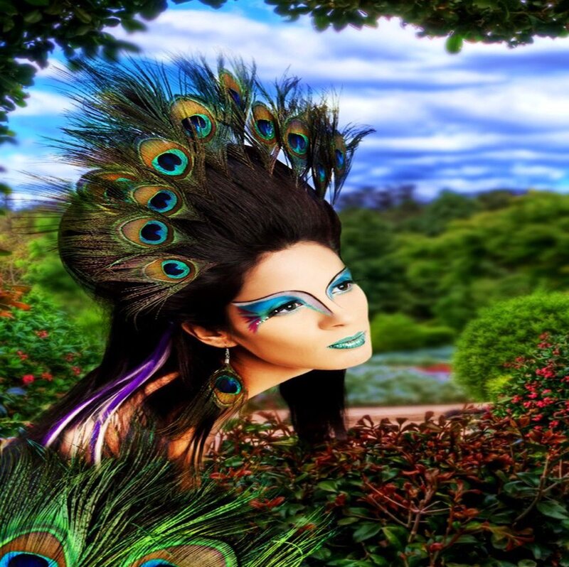 Woman with Peacock Feathers — Green, Dramatic, Afternoon