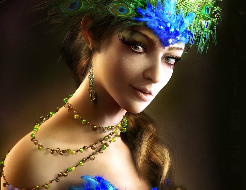 Woman with Peacock Feathers — Green, Dramatic, Digital Art, Feather Crown