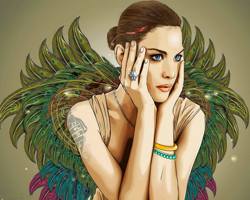 Woman with Peacock Feathers — Green, Dramatic, Digital Art, Tattoo